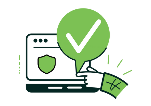 Website Privacy Policy laptop showing shield on the screen and a large checkmark to illustrate privacy policy in place