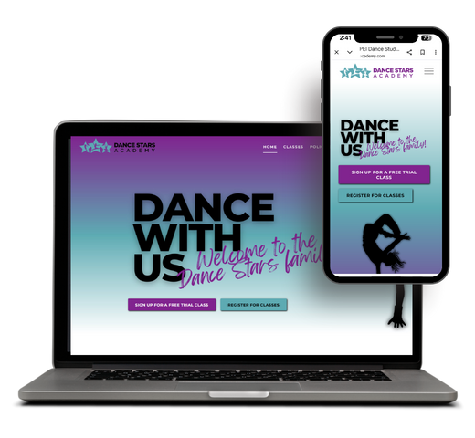 Desktop and cell phone displaying Dance Stars Academy website