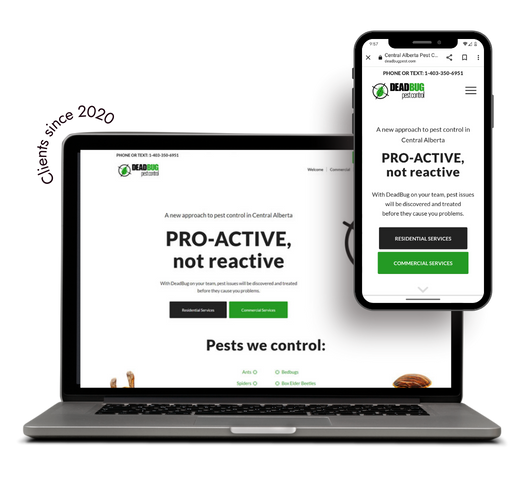 Desktop and cell phone displaying DeadBug Pest Control website with Clients since 2020