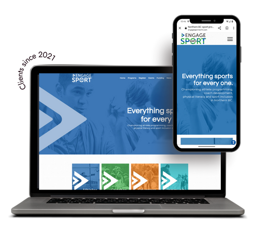 Desktop and cell phone displaying Engage Sport North website with Clients since 2021