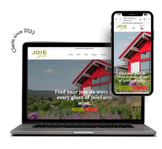 Desktop and cell phone displaying JoieFarm website with Clients since 2023
