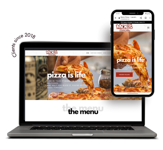 Desktop and cell phone displaying Moe's Pizza website with Clients since 2018