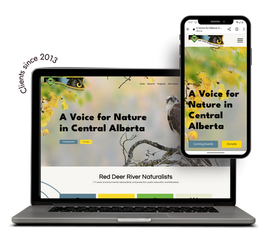 Desktop and cell phone displaying Red Deer River Naturalists website with Clients since 2013
