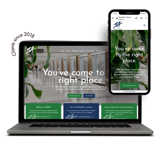 Desktop and cell phone displaying Students' Association RDP website with Clients since 2018