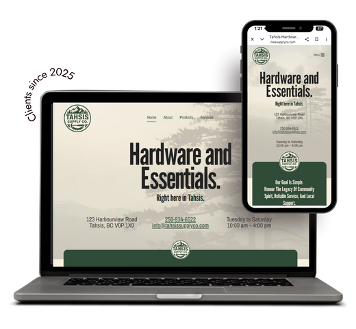 Desktop and cell phone displaying Tahsis Supply Co. website with Clients since 2025