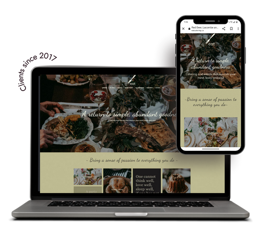 Desktop and cell phone displaying Eat Catering website with Clients since 2017